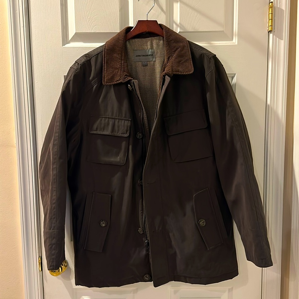 Brown Johnston and Murphy overcoat water resistant corduroy collar